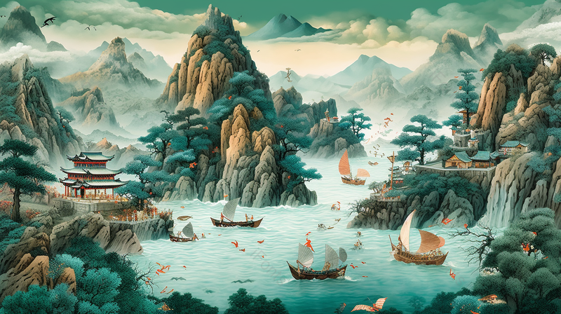 国潮风黄鹤楼地标建筑山水湖泊杨帆启航的船只插画,插画/手绘图,插画/手绘图库,插画/手绘图下载,插画/手绘